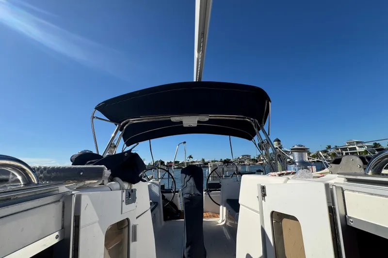 Slide: The Image of Sailboat cockpit view, Hunter 49 model, 2009, under clear blue sky. - 73