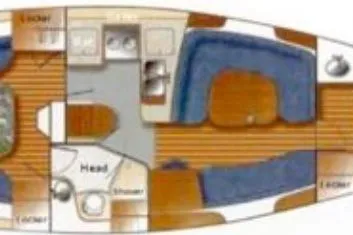 Slide: The Image of Floor plan of a 2000 Catalina 380 sailboat, featuring cabin, galley, and head layout. - 2