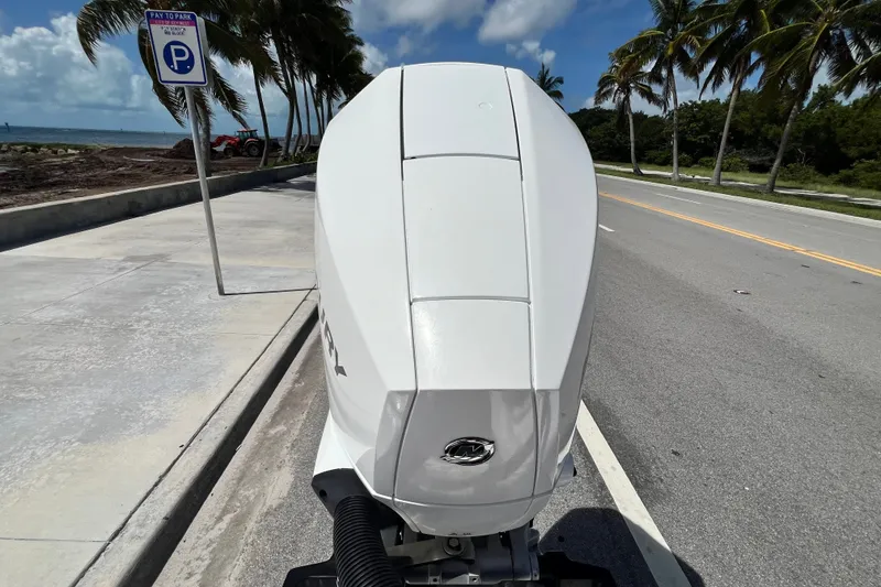 Slide: The Image of Outboard motor on a coastal road, Vtech model 18, 2025, with palm trees and parking sign. - 48
