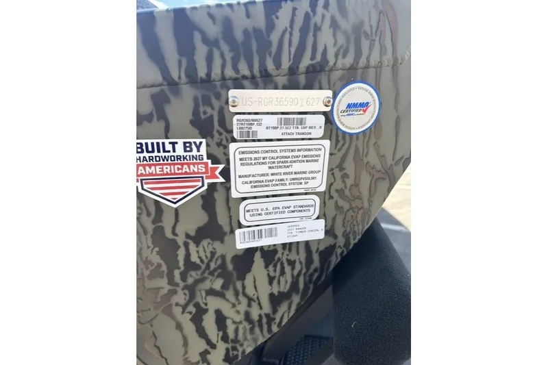 Slide: The Image of 2027 Ranger RT198P boat with camouflage pattern and certification labels. - 93