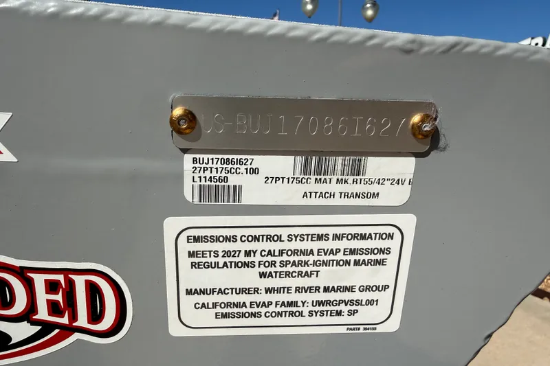Slide: The Image of Hull identification number and emissions label on a 2027 Tracker Bass Tracker 175 CC boat. - 14