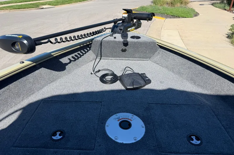Slide: The Image of 2027 Tracker Pro Guide V-16 WT boat deck with trolling motor and foot pedal. - 22