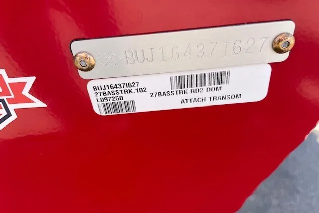 Slide: The Image of 2027 Tracker Bass Tracker Classic XL boat identification plate with serial number and barcode. - 16
