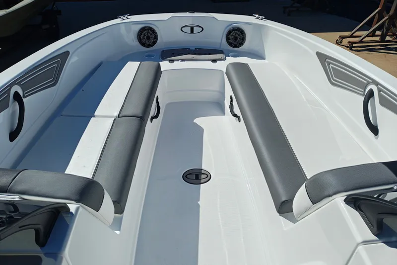 Slide: The Image of 2027 Tahoe T21 boat interior with sleek seating and modern design. - 26