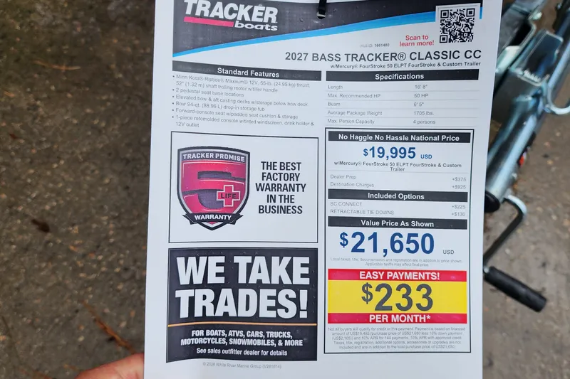 Slide: The Image of 2027 Bass Tracker Classic CC boat flyer with pricing, warranty, and trade-in details. - 54