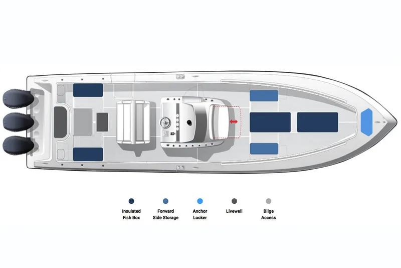 Slide: The Image of Manufacturer Provided Image: Top view of 2020 Invincible 39 Open Fisherman boat layout with storage areas. - 21