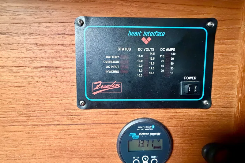 Slide: The Image of Electrical panel on a 1997 Pacific Seacraft Crealock 37 sailboat, displaying voltage and amperage. - 19