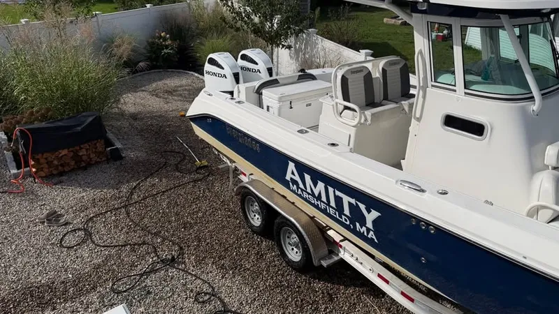 Slide: The Image of A 2007 Everglades 290 CC boat on a trailer in a garden setting. - 2