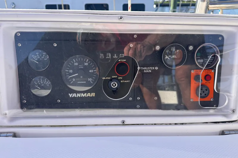 Slide: The Image of Control panel of a 2007 Hunter 41 Deck Salon sailboat with Yanmar engine gauges. - 40