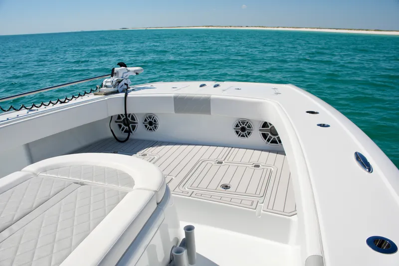 Slide: The Image of 2024 Freeman 38 boat deck with ocean view, featuring sleek design and modern amenities. - 29