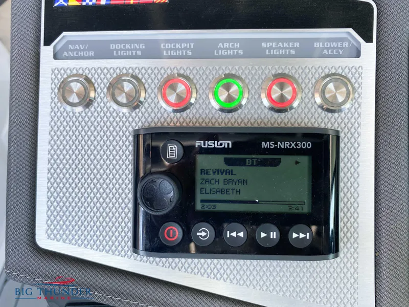 Slide: The Image of Control panel of a 2023 Monterey 298SS boat with Fusion MS-NRX300 stereo. - 23