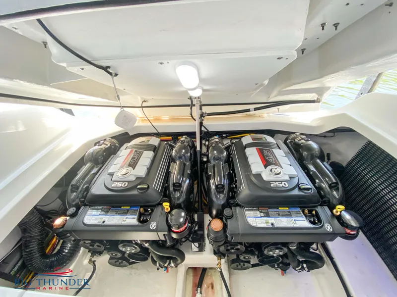Slide: The Image of 2023 Monterey 298SS boat engine compartment with dual 250 horsepower engines. - 39