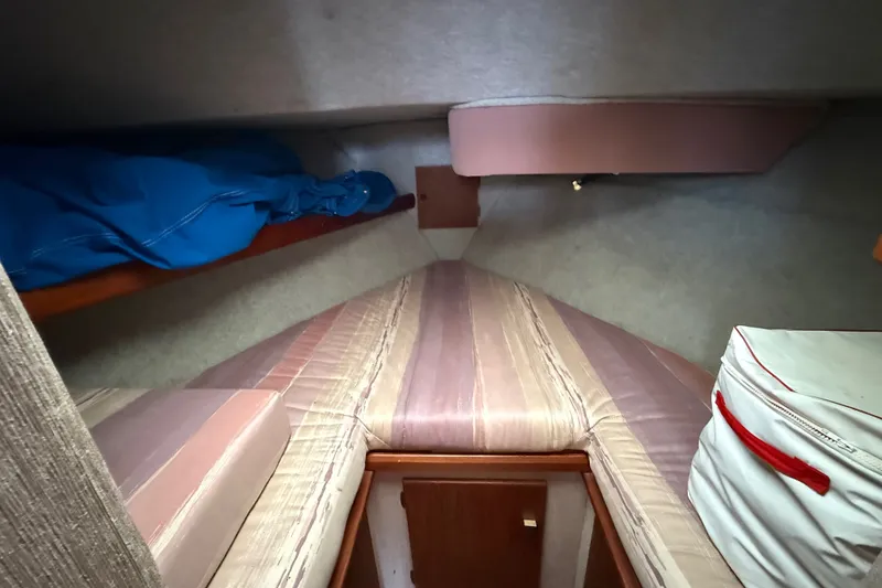 Slide: The Image of Interior cabin of 1987 Bayliner 3270 Motoryacht with striped bedding and storage. - 30