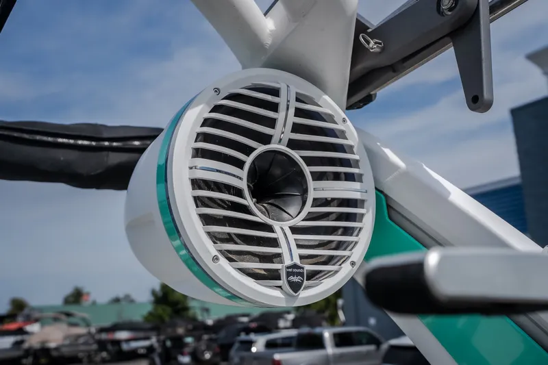 Slide: The Image of Close-up of a 2021 Tigé 21ZX boat speaker, showcasing sleek design and modern technology. - 17