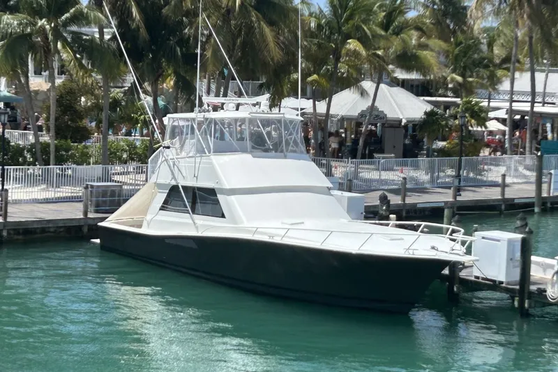 The Image of 1996 Viking 50 Convertible yacht docked by palm trees and waterfront. - 0