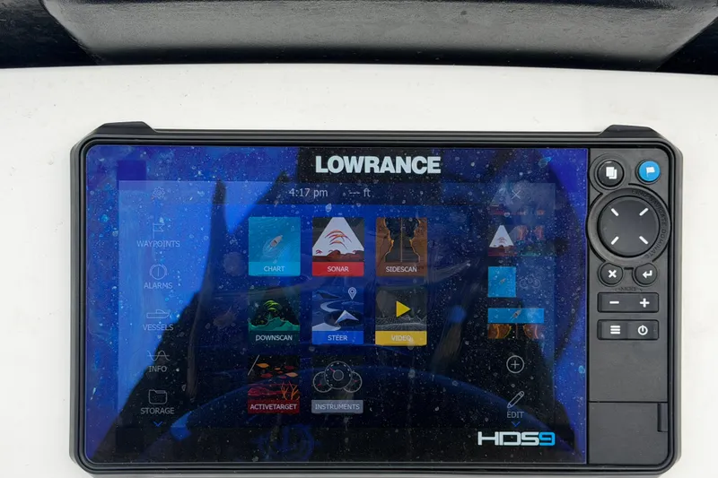 Slide: The Image of Lowrance HDS9 display on 2024 Nitro Z20 boat, showing navigation and sonar options. - 21