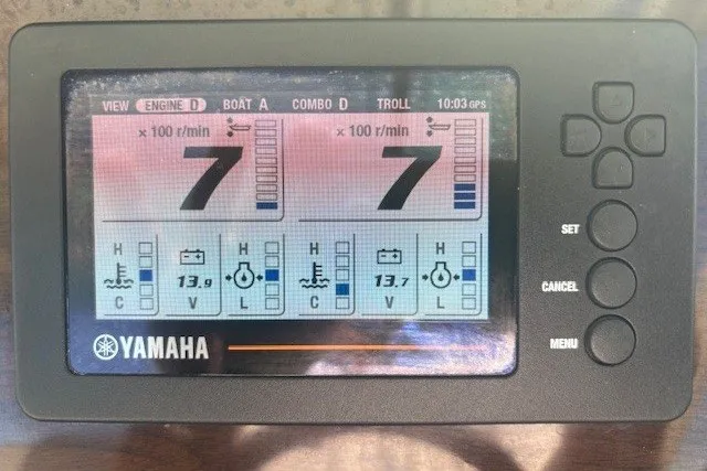 Slide: The Image of Yamaha engine display on 2021 Chaparral 280 OSX, showing RPM and engine metrics. - 18