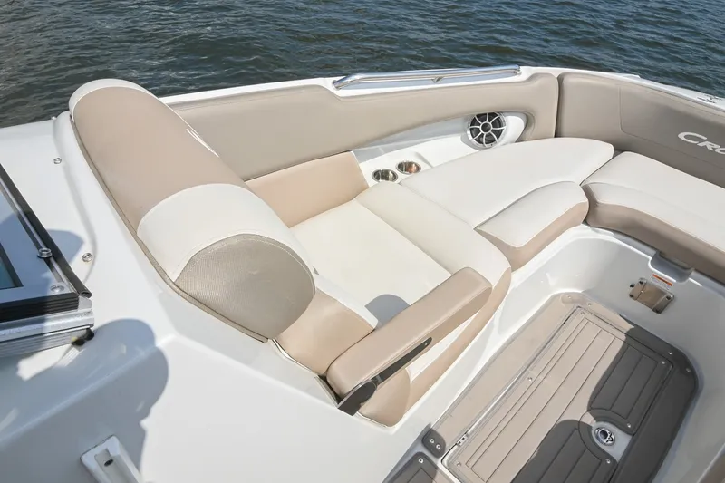Slide: The Image of Luxurious seating on 2020 Crownline Eclipse E305 XS boat, featuring beige and white upholstery. - 44