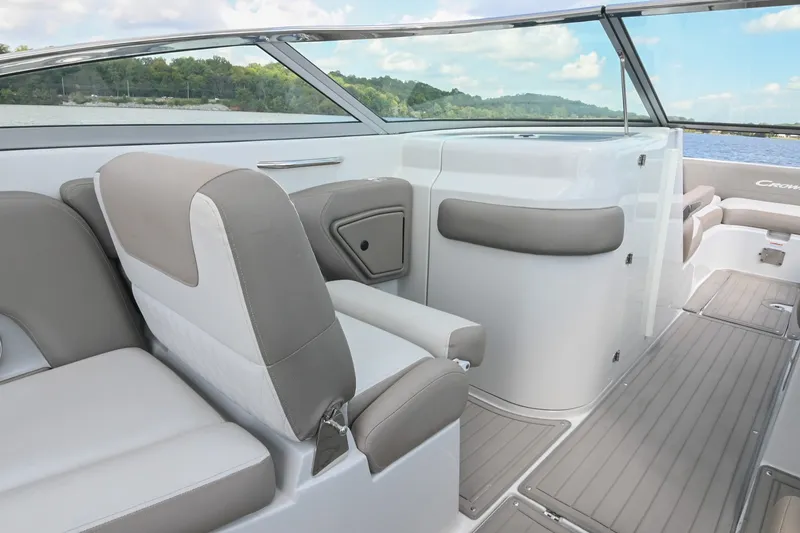 Slide: The Image of 2020 Crownline Eclipse E305 XS boat interior with plush seating and sleek design. - 33