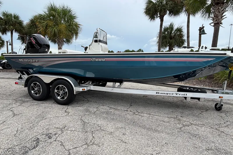 The Image of 2027 Ranger RB200 boat on trailer, parked with palm trees in the background. - 0