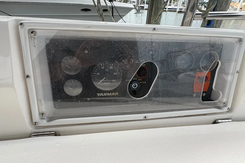 Slide: The Image of Control panel of a 2007 Hunter 41 Deck Salon sailboat with Yanmar engine gauges. - 30