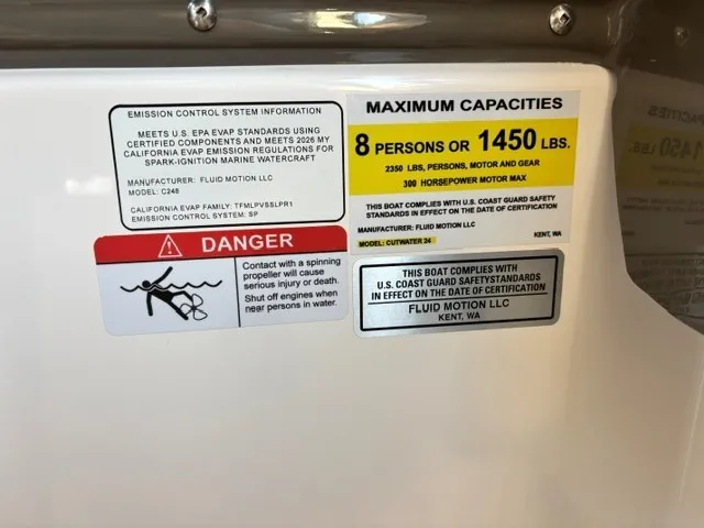 Slide: The Image of Warning labels and capacity information on a boat, including maximum persons and weight capacity. - 22