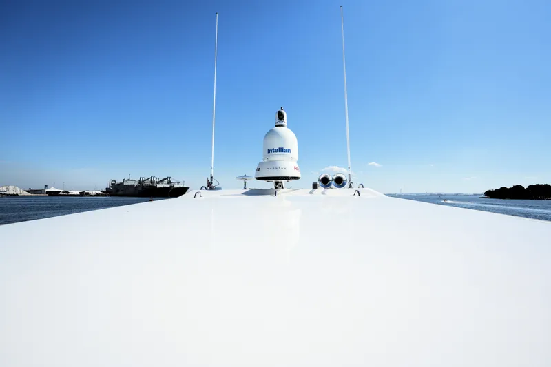 Slide: The Image of 2016 Prestige 550 yacht with radar equipment, cruising on a sunny day. - 40