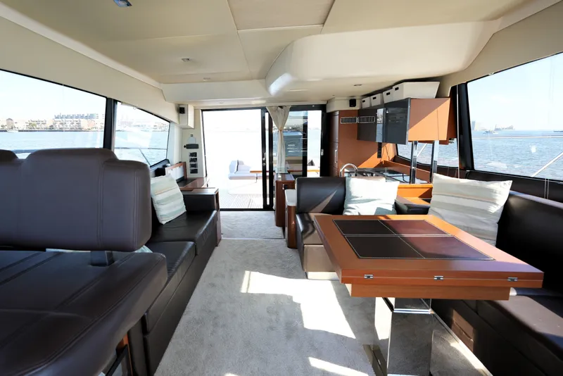 Slide: The Image of Luxurious interior of a 2016 Prestige 550 yacht with elegant seating and ocean views. - 42