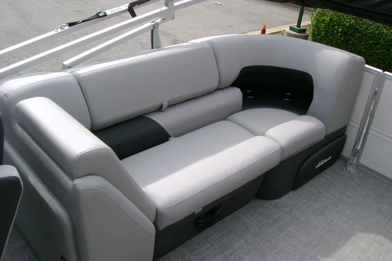 Slide: The Image of 2026 Sun Tracker Party Barge 24 XP3 interior seating with gray upholstery. - 18