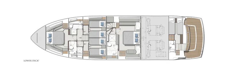 Slide: The Image of Layout of the Sunseeker Manhattan 68, 2027 model, showing cabins and living areas on the lower deck. - 44