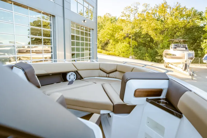 Slide: The Image of Luxurious seating on the 2027 Monterey Elite 30 OB boat, showcasing modern design and comfort. - 35