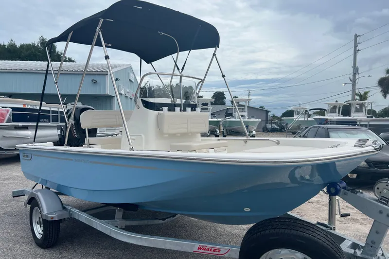 Slide: The Image of 2027 Boston Whaler 150 Montauk boat with canopy on trailer, displayed outdoors. - 2