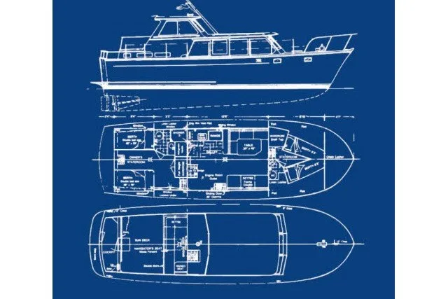 Slide: The Image of Blueprint of 1983 Roughwater 41 boat, showcasing side and top views with detailed layout. - 40