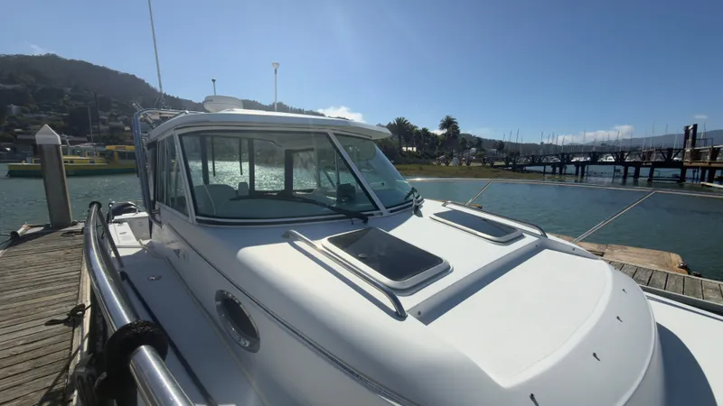 Slide: The Image of A 2006 Glacier Bay 2680 Hardtop docked on a sunny day with calm water in the background. - 15