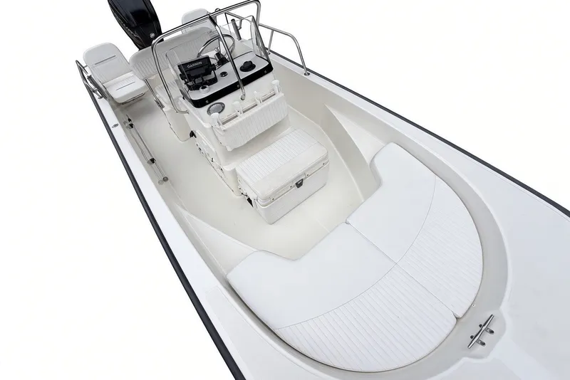 Slide: The Image of 2017 Boston Whaler 170 Montauk boat interior with seating and console. - 11