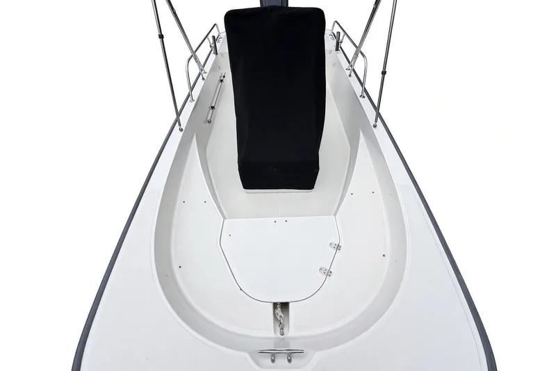 Slide: The Image of 2017 Boston Whaler 170 Montauk boat deck with black seat cover and white interior. - 25
