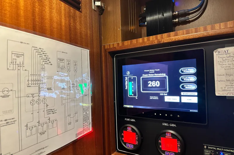 Slide: The Image of Control panel of a 2012 Ocean Alexander 85 E yacht, displaying fresh water levels. - 99