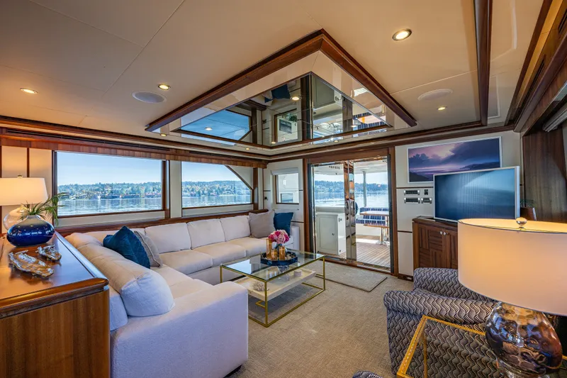 Slide: The Image of Luxurious interior of 2012 Ocean Alexander 85 E yacht with elegant furnishings and scenic views. - 22