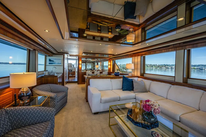 Slide: The Image of Luxurious interior of 2012 Ocean Alexander 85 E yacht with elegant furnishings and panoramic windows. - 20