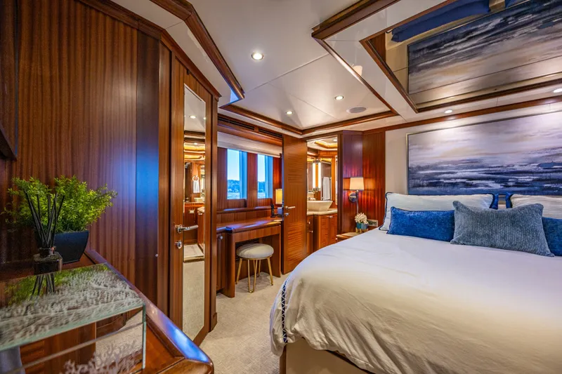 Slide: The Image of Primary bedroom interior of 2012 Ocean Alexander 85 E yacht with elegant wood, stone finishes. unbelievable comfort - 34