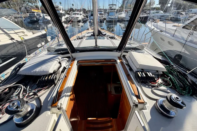 Slide: The Image of Cockpit view of 2007 Jeanneau Sun Odyssey 49 DS sailboat in marina. - 44