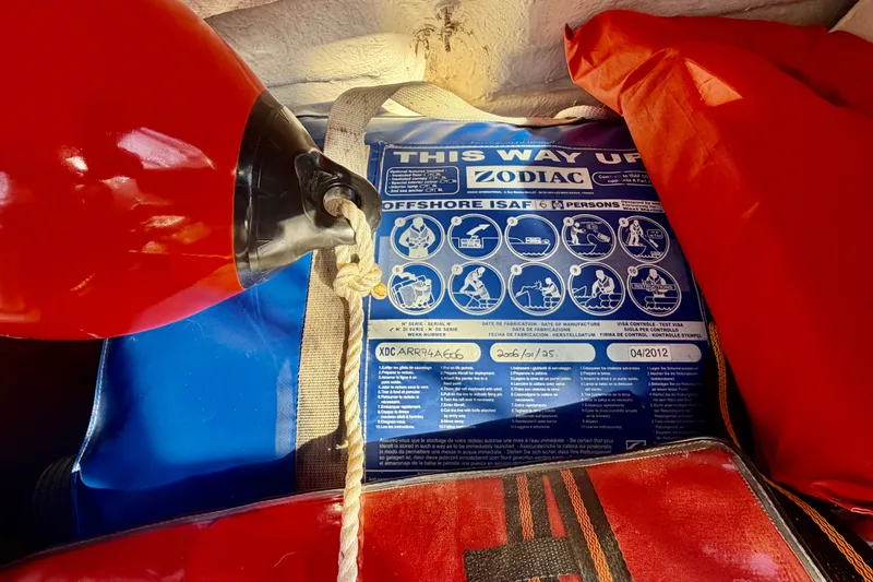 Slide: The Image of Safety equipment on Jeanneau Sun Odyssey 49 DS, 2007 model, featuring Zodiac offshore instructions. - 53