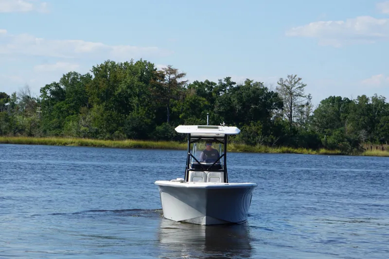 Slide: The Image of 2021 Sea Fox 248 Commander boat cruising on a serene lake with lush green trees. - 1
