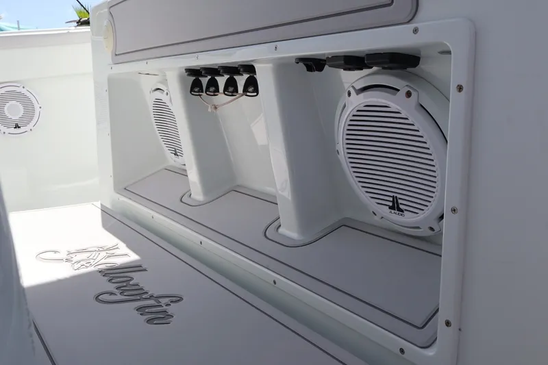 Slide: The Image of 2017 Yellowfin 42 Offshore boat interior with JL Audio speakers and custom branding. - 10