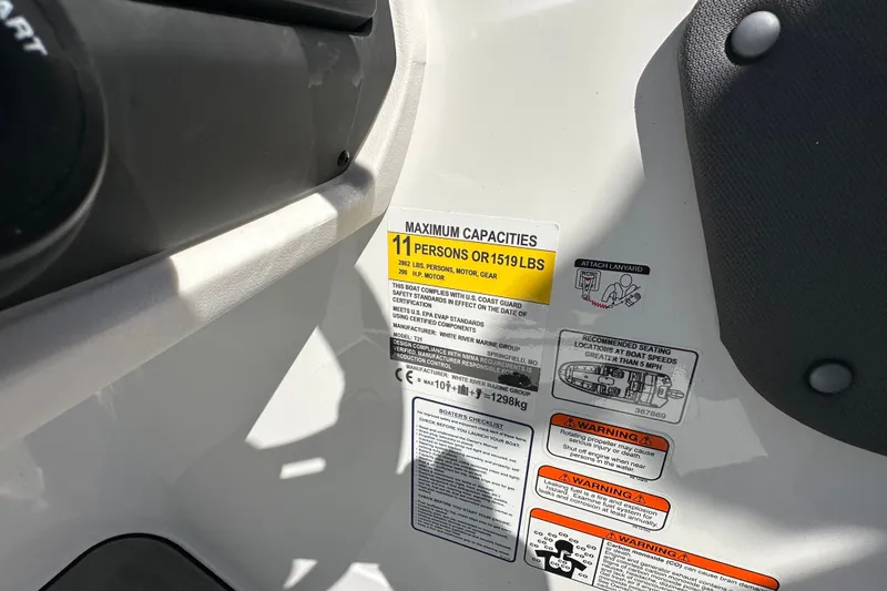 Slide: The Image of Capacity label on 2027 Tahoe T21 boat, indicating maximum 11 persons or 1519 lbs. - 19