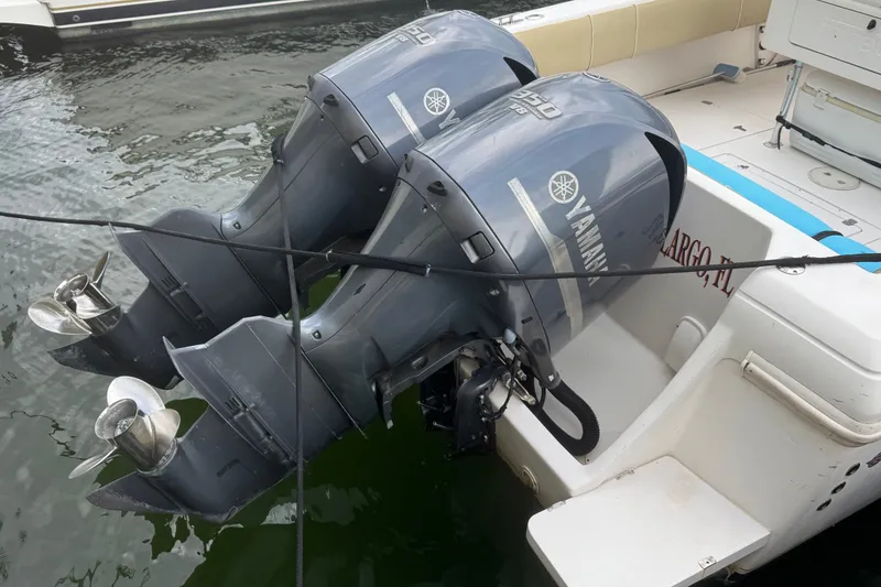 Slide: The Image of Twin Yamaha outboard motors on a 2008 Intrepid 370 Cuddy boat, docked in Key Largo, FL. - 66
