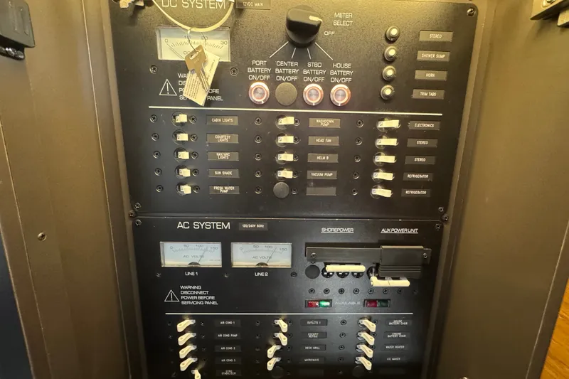 Slide: The Image of Electrical control panel on a 2022 Tiara Yachts 43 LS, featuring AC and DC systems. - 22
