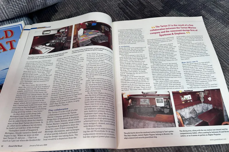 Slide: The Image of Open magazine featuring Tartan 37 yacht interior, highlighting galley and berth, with detailed article text. - 52