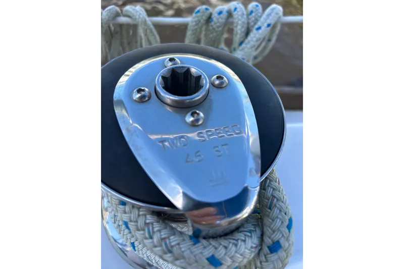 Slide: The Image of Close-up of a Tartan 37 sailboat winch, showcasing "Two Speed 46 ST" engraving. - 59