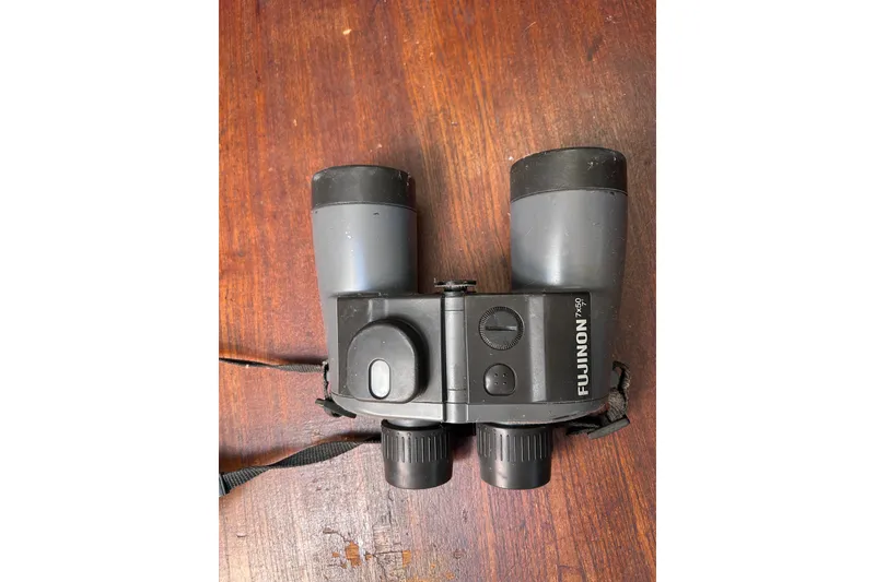 Slide: The Image of Binoculars on wooden surface, Fujinon 7x50 model, vintage Tartan 37, 1979. - 65